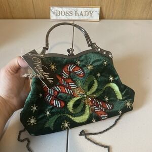 Vendula London Vintage Holiday Green Velvet Purse Embroidered Candy Canes Beads